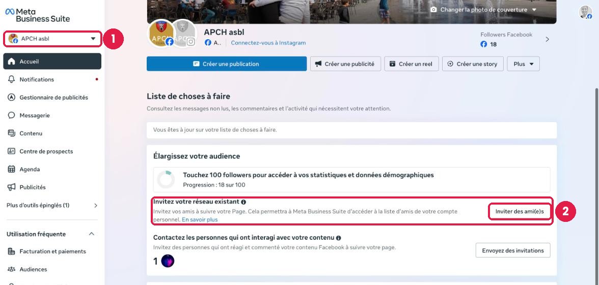 Meta Business Suite : choix de la Page et bouton « Inviter des ami(e)s »
