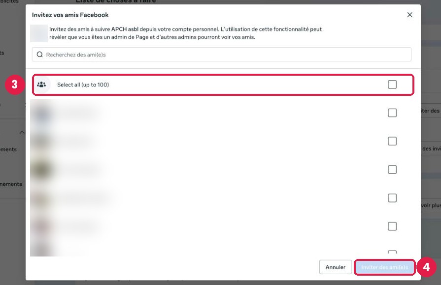 Fenêtre « Invitez vos amis Facebook » : case Select all et bouton Inviter des ami(e)s