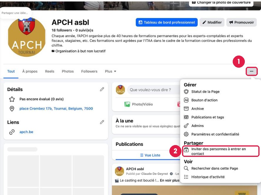 Menu « ··· » de la Page : Inviter des personnes à entrer en contact